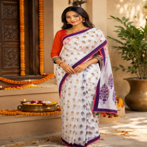 Pearl White Half Silk Printed Saree