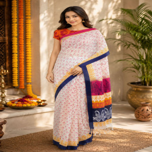 Off White Half Silk Printed Saree