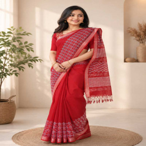Red Half Silk Printed Saree