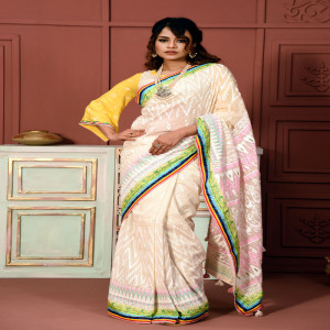 Off White Half Silk Printed & Embroidered Saree