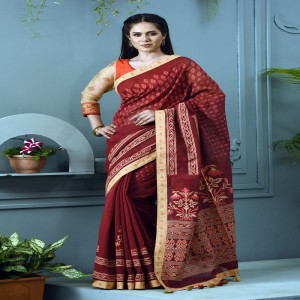 Burgundy Half Silk Printed Saree
