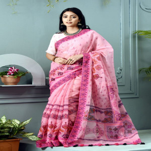 Pink Printed Half Silk Saree