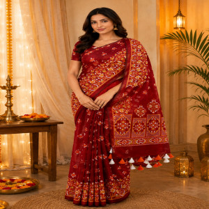 Plum Red Half Silk Printed Saree