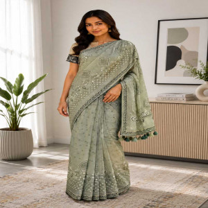 Sage Green Half Silk Printed & Embroidered