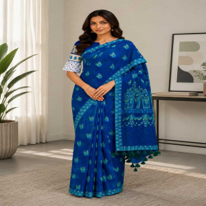 Teal Blue Half Silk Printed Saree
