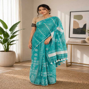 Java Green Khadi Muslin Printed Saree