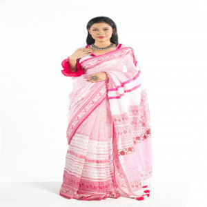 Off White Muslin Printed & Embroidered Sare
