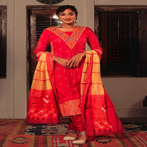 Red Printed & Hand Embroidered Salwar Kameez Set