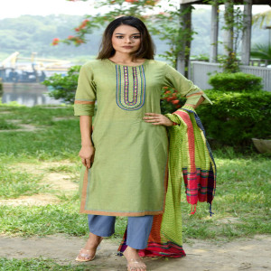 Lime Green Cotton Printed & Hand Embroidered Salwar Kameez Set