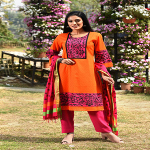 Orange Jacquard Cotton Printed Salwar Kameez Set