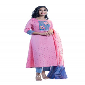Coral Pink Cotton Printed & Hand Embroidered Salwar Kameez Se