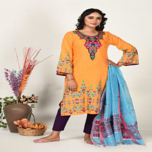 Orange Cotton Printed & Hand Embroidered Salwar Kameez Set