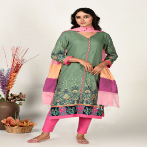 Jade Green Jacquard Cotton Printed & Hand Embroidered Salwar Kameez Set