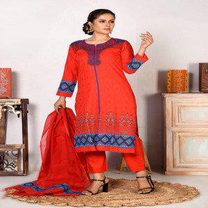Red Jacquard Cotton Hand Embroidered & Printed Salwar Kameez Set