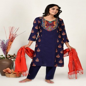 Navy Blue Jacquard Cotton Hand Embroidered & Printed Salwar Kameez set