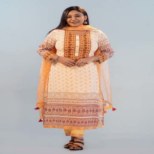 Tan Brown Jacquard Cotton Hand Embroidered & Printed Salwar Kameez Set