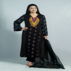 Black Jacquard Cotton Hand Embroidered & Printed Salwar Kameez Set