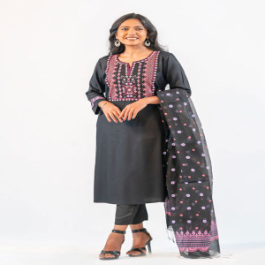 Black Cotton Printed & Hand Embroidered Salwar Kameez Set