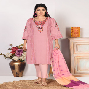 Salmon Pink Jacquard Cotton Printed & Hand Embroidered Salwar Kameez Set