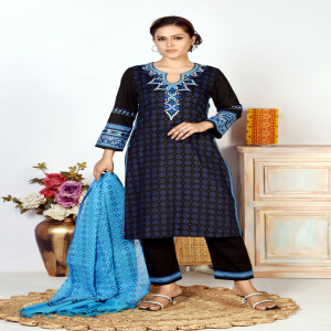 Black Jacquard Cotton Printed & Hand Embroidered Salwar Kameez Set