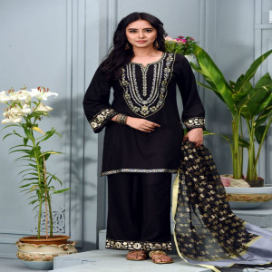 Black Cotton Printed & Embroidered Salwar Kameez Set