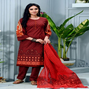 Maroon Cotton Printed & Hand Embroidered Salwar Kameez Set