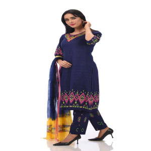 Navy Blue Cotton Printed & Hand Embroidered Salwar Kameez Set