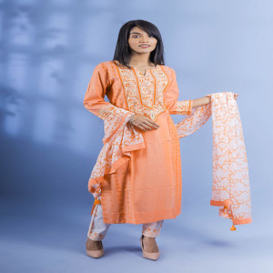 Peach Cotton Printed & Embroidered Salwar Kameez Set