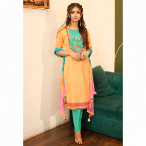Apricot Printed & Hand Embroidered Salwar Kameez Set