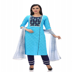 Turquoise Cotton Printed & Hand Embroidered Salwar Kameez Set