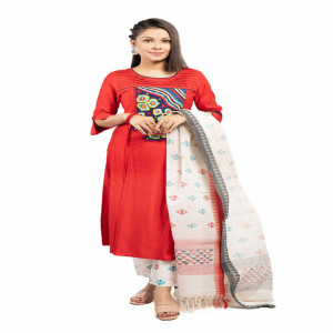 Red Cotton Printed & Hand Embroidered Salwar Kameez Set