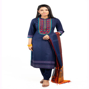 Dark Navy Blue Cotton Printed & Hand Embroidered Salwar Kameez Set