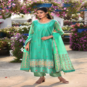 Chilli Green Dupion & Organza Silk Salwar Kameez Set