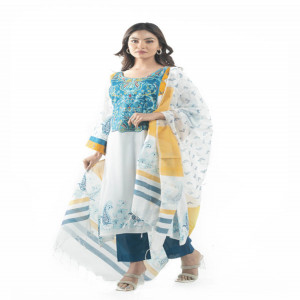 White Georgette Printed & Embroidered Salwar Kameez Set
