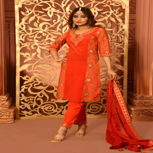 Red Joysree Silk Printed & Embroidered Salwar Kameez Set
