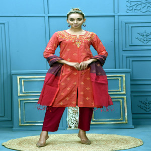 Crimson Red Joysree Silk Printed & Embroidered Salwar Kameez Set