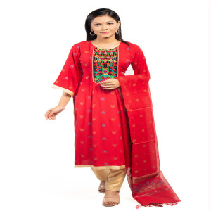 Red Linen Printed & Hand Embroidered Salwar Kameez Set