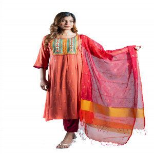 Brick Red Linen Printed & Hand Embroidered Salwar Kameez Set