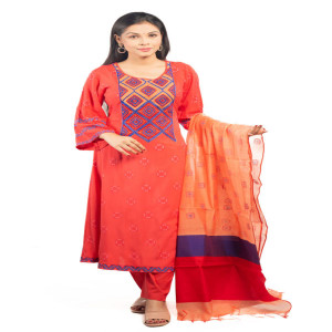 Imperial Red Linen Printed & Hand Embroidered Salwar Kameez Set