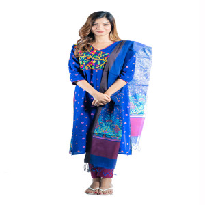Navy Blue Linen Printed & Hand Embroidered Salwar Kameez Set