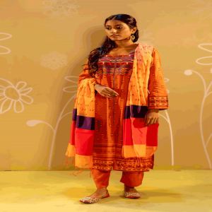 Brick Red Linen Printed & Hand Embroidered Salwar Kameez Set