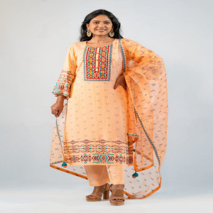 Peach Linen Printed & Hand Embroidered Salwar Kameez Set