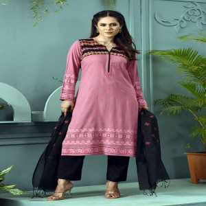 Mauve Pink Linen Printed & Hand Embroidered Salwar Kameez Set