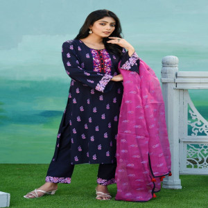 Dark navy Blue Linen Printed & Hand Embroidered Salwar Kameez Set