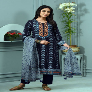Dark navy Blue Linen Printed & Embroidered Salwar Kameez Set