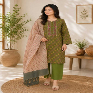 Moss Green Linen Printed & Embroidered Salwar Kameez Set