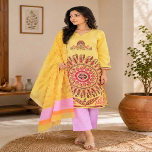 Yellow Linen Printed Salwar Kameez Set