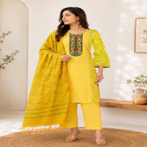 Yellow Linen Printed & Hand Embroidered Salwar Kameez Set