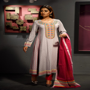 Ash Linen Printed & Hand Embroidered Salwar Kameez Set