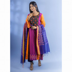 Purple Linen Printed & Hand Embroidered Salwar Kameez Set